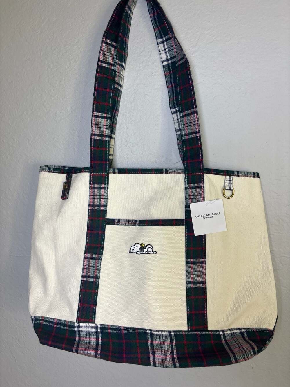 American Eagle Snoopy Off-Duty Tote Bag Canvas Plaid